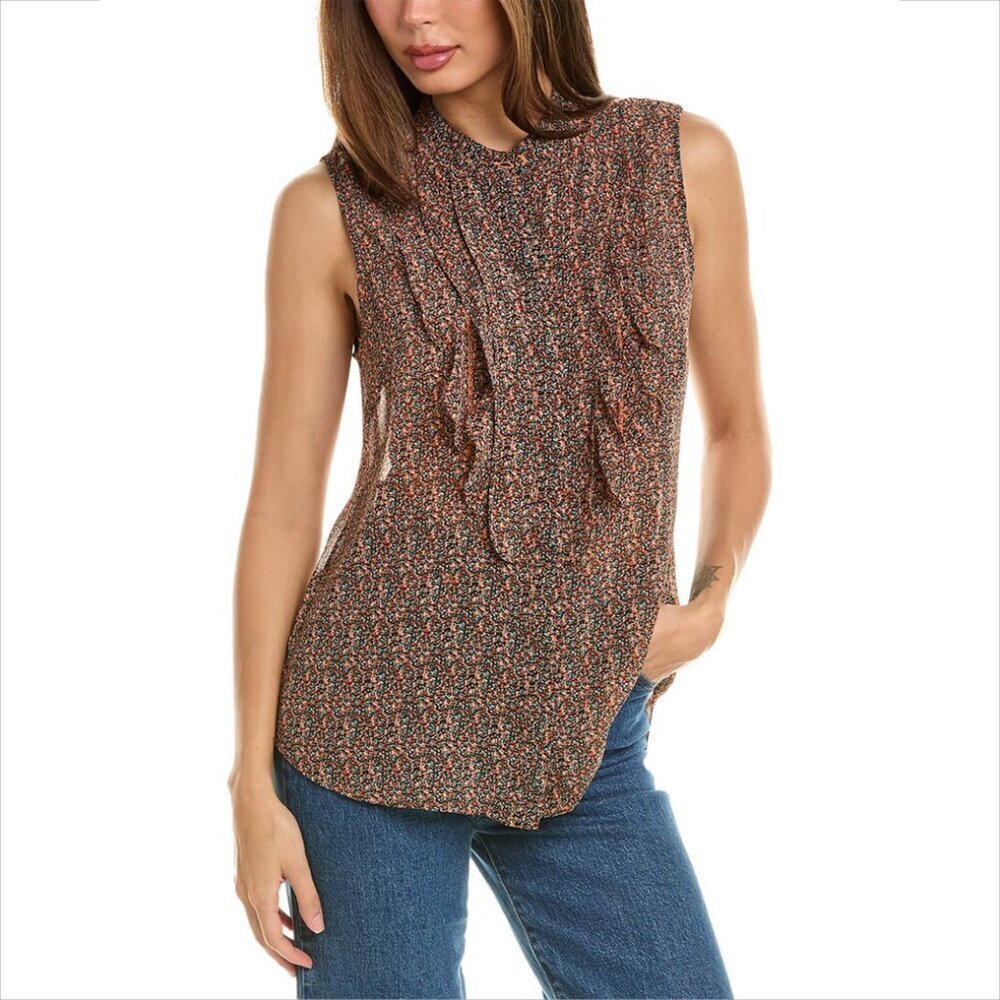 CAbi Tux Ruffle blouse top shirt sleeveless button front floral ditsy new Large